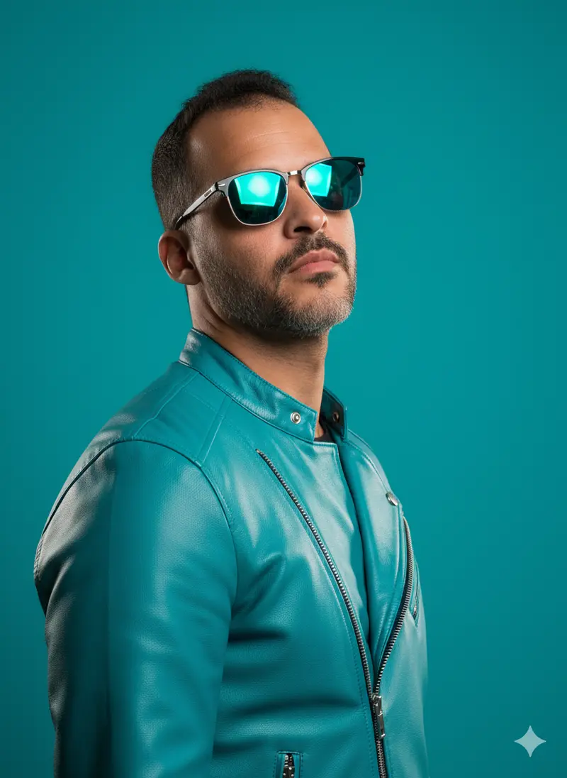 Foto estilosa de homem com jaqueta de couro e óculos escuros cor azul agua